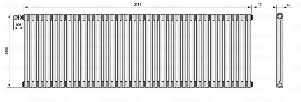 Схема (чертеж) Радиатор Zehnder Charleston 2250/49 №V011 Белый глянцевый RAL 9016